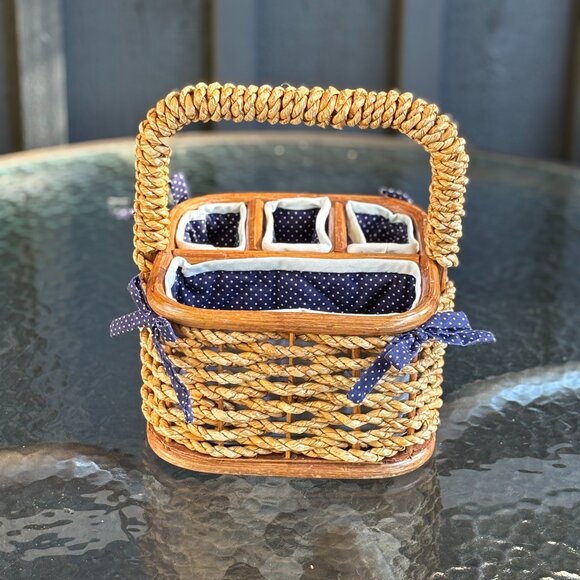 Vintage Woven Silverware Basket with Fabric Inserts Flatware Caddy for Picnics - Picture 1 of 15